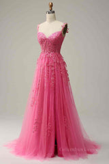 Party Dress Ladies, Fuchsia Dark Navy A-line Spaghetti Straps Tulle Lace Boning Long Prom Dress