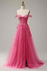 Party Dress For Teen, Fuchsia Dark Navy A-line Spaghetti Straps Tulle Lace Boning Long Prom Dress