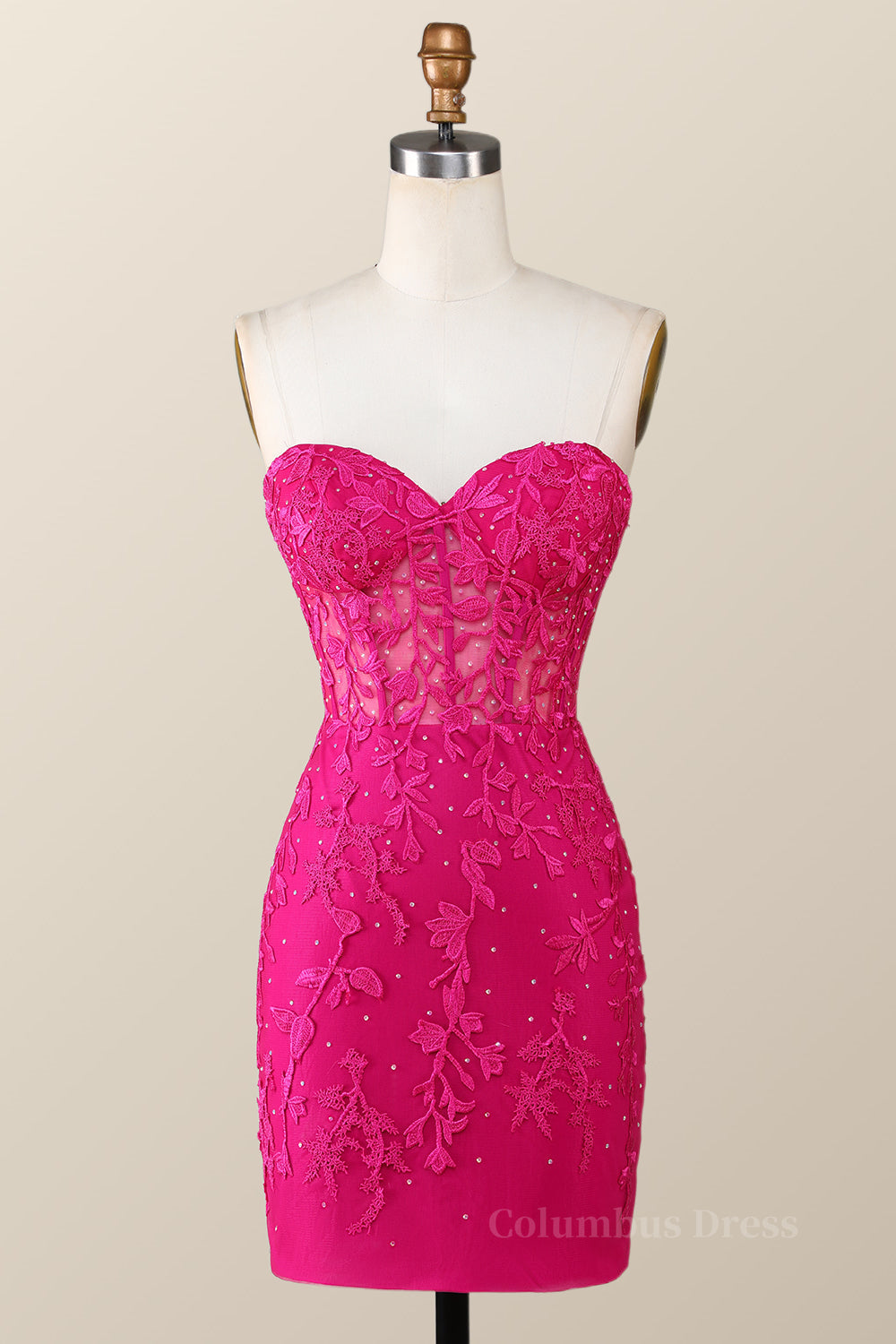 Prom Dresses Under 106, Fuchsia Lace Appliques Tight Mini Dress