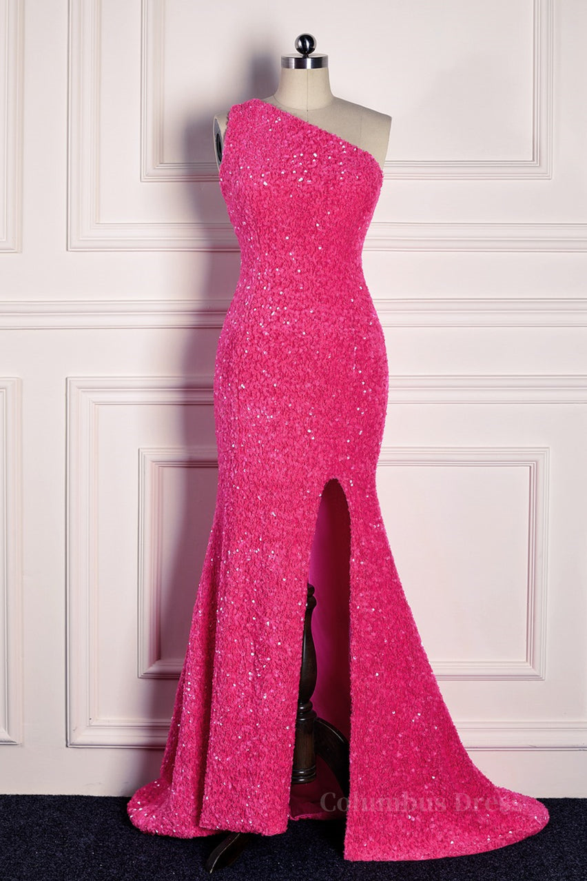 Party Dress Designs, Fuchsia Mermaid One Shoulder Sparkly Long Formal Dress