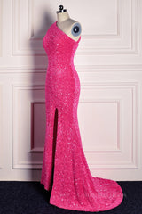 Party Dress Teens, Fuchsia Mermaid One Shoulder Sparkly Long Formal Dress