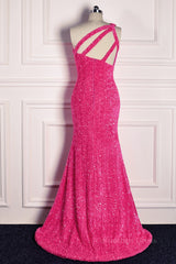 Party Dress Maxi, Fuchsia Mermaid One Shoulder Sparkly Long Formal Dress