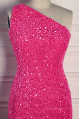 Party Dresses Maxi, Fuchsia Mermaid One Shoulder Sparkly Long Formal Dress