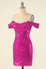 Party Dresses Classy Christmas, Fuchsia Off the Shoulder Sequin Party Mini Dress