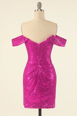 Party Dress Classy Christmas, Fuchsia Off the Shoulder Sequin Party Mini Dress