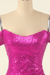 Party Dresses White, Fuchsia Off the Shoulder Sequin Party Mini Dress