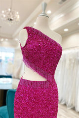 Bridesmaid Dress Summer, Fuchsia One Shoulder Lace-Up Sequins Homecoming Dress with Tassels