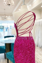 Bridesmaides Dresses Summer, Fuchsia One Shoulder Lace-Up Sequins Homecoming Dress with Tassels