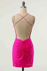 Formal Dressing For Ladies, Fuchsia Sheath Double Straps Crossed Back Beaded Mini Homecoming Dress