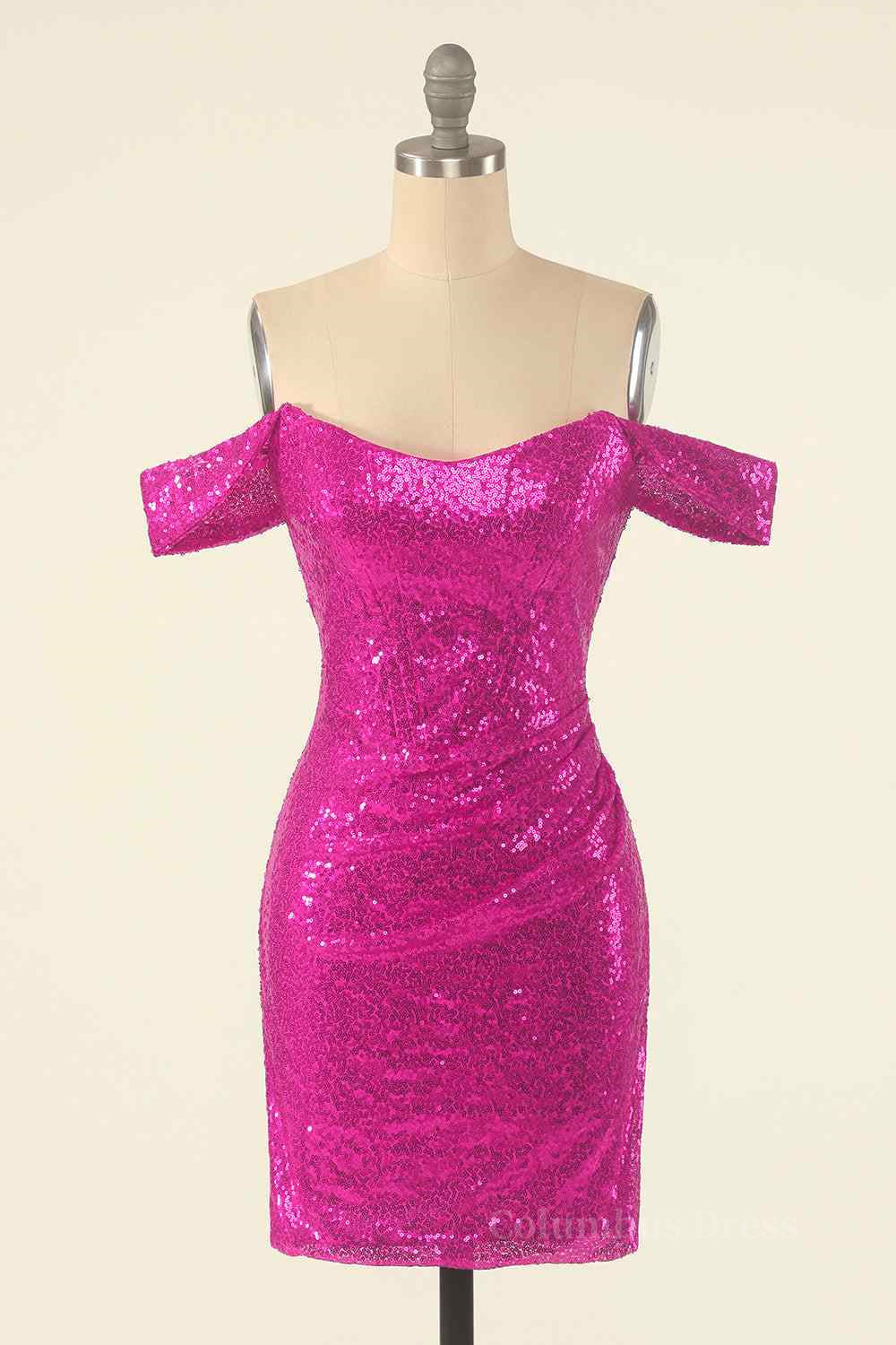 Formal Dresses For Wedding, Fuchsia Sheath Off-the-Shoulder Pleated Sequins Mini Homecoming Dress