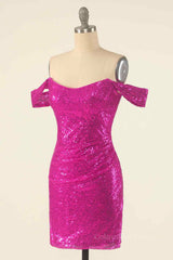 Formal Dress For Wedding, Fuchsia Sheath Off-the-Shoulder Pleated Sequins Mini Homecoming Dress