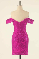 Formal Dressing For Wedding, Fuchsia Sheath Off-the-Shoulder Pleated Sequins Mini Homecoming Dress