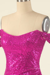 Formal Dress Places Near Me, Fuchsia Sheath Off-the-Shoulder Pleated Sequins Mini Homecoming Dress