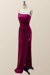 Party Dress Code, Fuchsia Velvet One Shoulder Mermaid Long Formal Dress