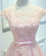 Ballgown, Pink Lace Tulle Short Prom Dress, Pink Evening Dress