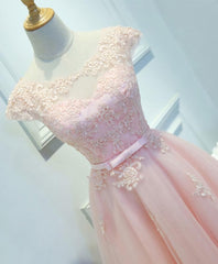 Long Dress Design, Pink Lace Tulle Short Prom Dress, Pink Evening Dress