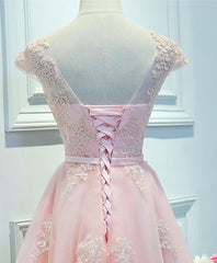 Homecoming Dresses Long, Pink Lace Tulle Short Prom Dress, Pink Evening Dress