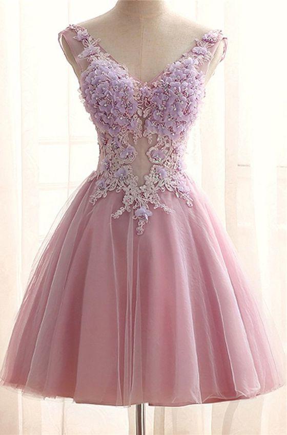 Graduation Outfit Ideas, Chic V Neck Pink Tulle Applique Flower See Through Short Prom Dress