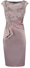 Wedding Dress, Sheath Grey Bateau Cap Sleeves Mother Of The Bride Dress With Lace Appliques