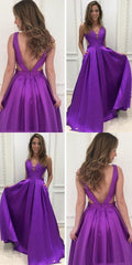 Summer Dress, A Line Deep V Neck Backless Purple Satin Prom Dress With Pockets