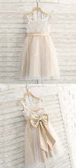 Prom Dresses Blue Light, A Line Spaghetti Straps Light Champagne Flower Girl Dress With Lace