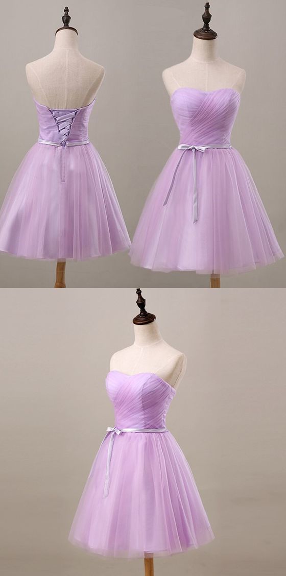 Mini Dress, Youthful Lavender Homecoming Dress, Sweetheart Short Prom Party Dress, Ruched With Sash Bridesmaid Dress