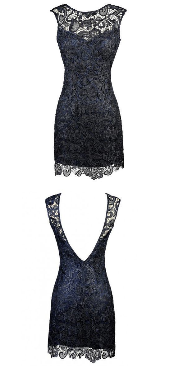 Prom Dresses, Sheath Bateau Backless Short Navy Blue Lace Mother Of The Bride Dress