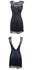 Prom Dresses, Sheath Bateau Backless Short Navy Blue Lace Mother Of The Bride Dress