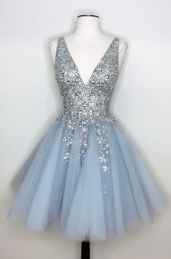 Ball Gown, Princess Silver Sequins And Light Sky Blue Short Homecoming Dress