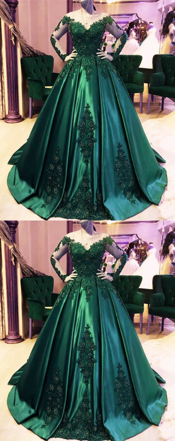 Wedding Dresses With Sleeves, Dark Green Ball Gown Emerald Green Prom Dress, Ball Gown Wedding Dress