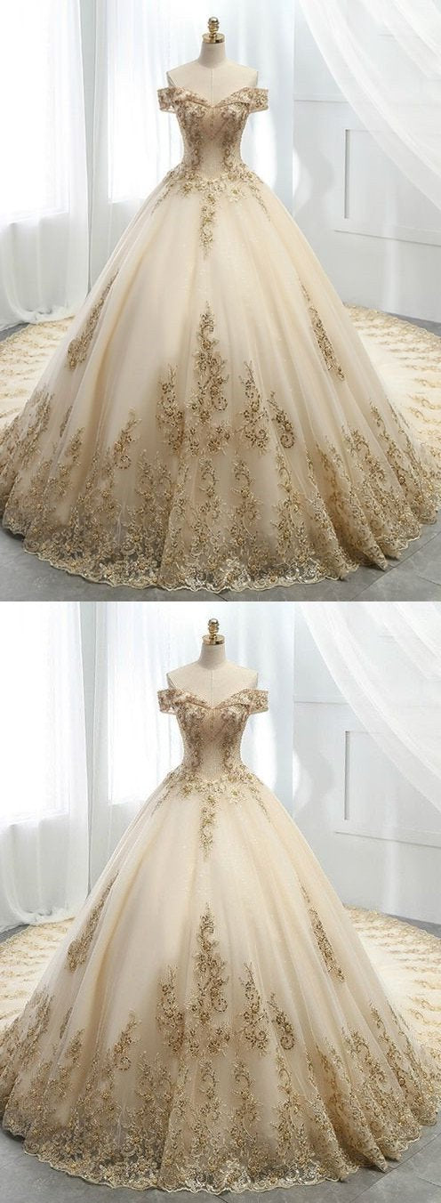 Wedding Dresses Lace, Champagne Ball Gown Tulle Gold Lace Appliques Wedding Dress