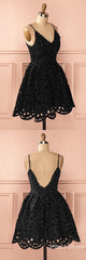 Bridesmaid Dress Designs, A Line Spaghetti Straps Backless Short Black Lace Homecoming Dress