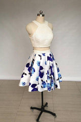 Prom Dresses For Kids, Two Piece Ivory Jewel Floral Print Satin Short Homecoming Dress With Pearls