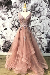 Formal Dress Fall, Unique Champagne Pink Tulle V Neck Lace Halter Lace Up Homecoming Dresses