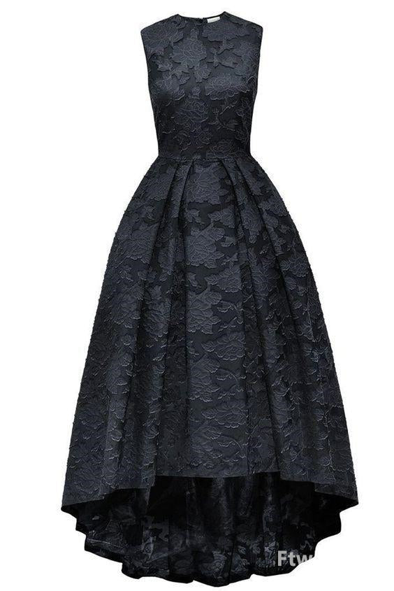 Party Dresses Style, black lace round neck high low sleeveless a line long prom dress evening dresses