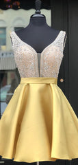 Bridesmaid Dress Website, V Neck Beaded Satin Homecoming Dress With Pocket