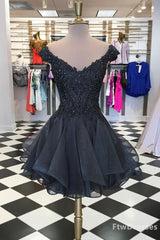 Party Dress Near Me, black v neck tulle beads short prom dress black homecoming dress