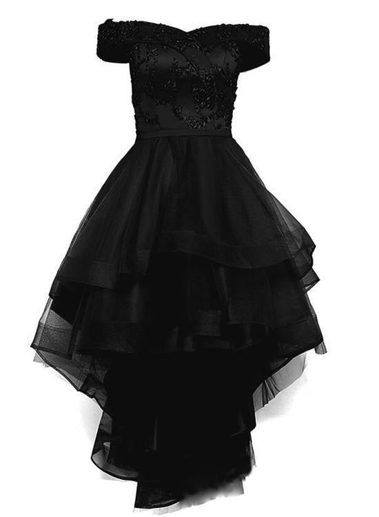Party Dress Sales, black off shoulder tulle and lace high low homecoming dress 2024 black prom dress
