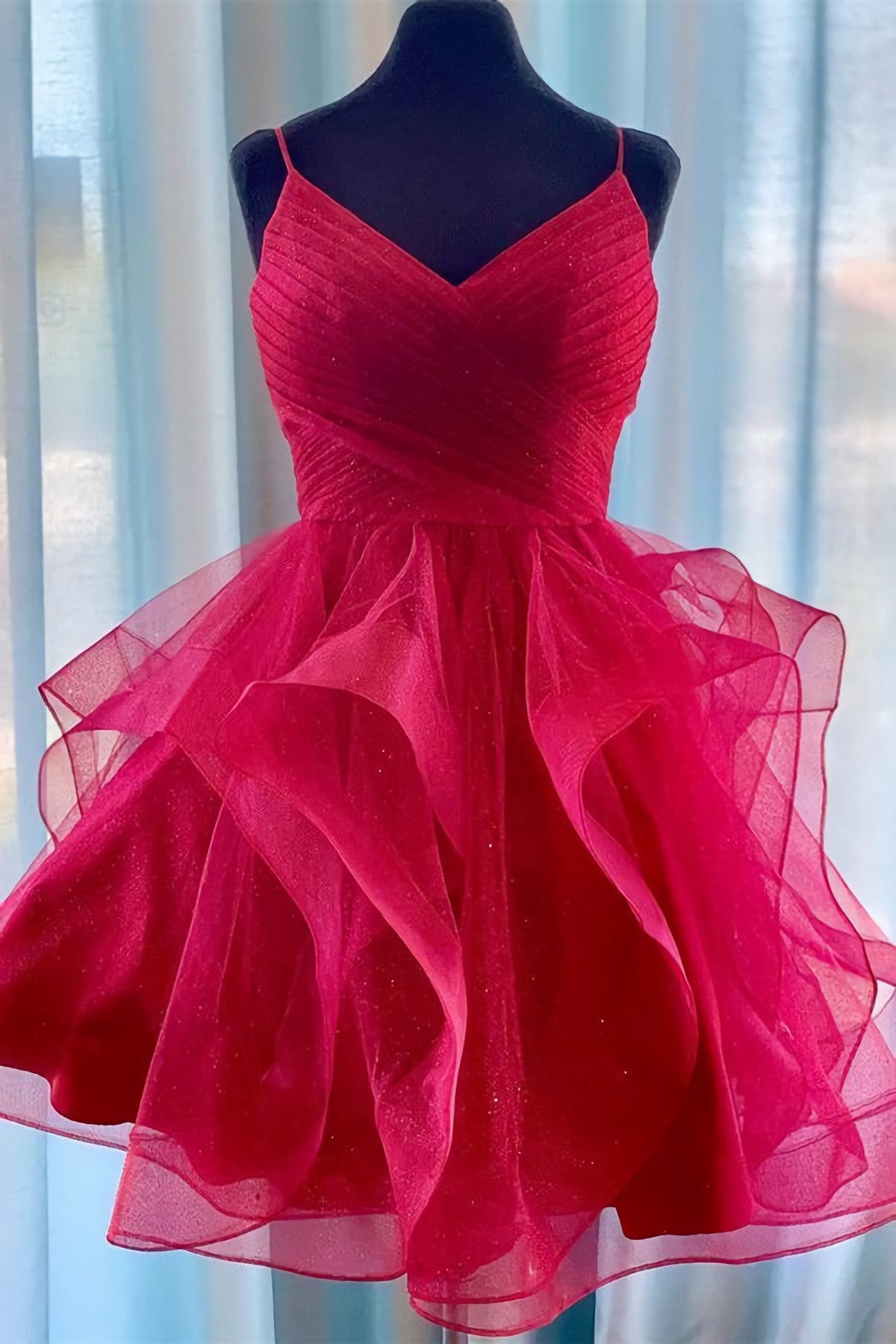 Formal Dress With Sleeves, Princess Red with Ruffles Short 2024 Homecoming Dresses