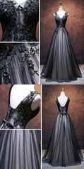 Prom Dresses White And Gold, Chic A Line V Neck Floor Length Tulle Black Applique Long Prom Dress, Evening Dress