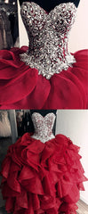 Bridesmaid Dress As Wedding Dress, Burgundy Quinceanera Dress, Ball Gowns Crystal Beaded Bodice Corset