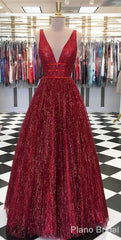 Dress, Sparkly Ball Gown V Neck Open Back Burgundy Sequins Long Prom Dresses, Unique Evening Dresses