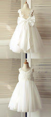 Prom Dress Long Sleeve Ball Gown, A Line V Neck Backless White Flower Girl Dress With Bow Lace