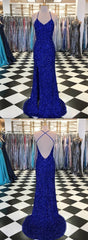 Prom Dress, Sparkly Prom Dresses With Slit Sheath Short Train Long Royal Blue Prom Dress