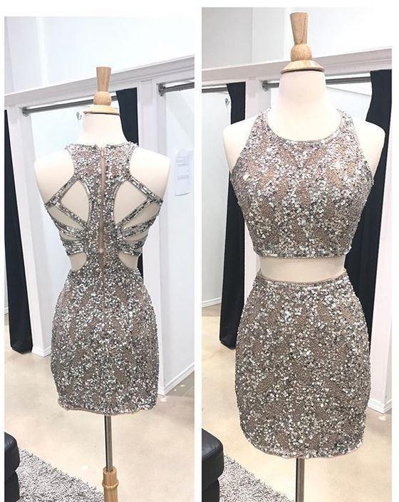 Dress Outfit, Two Piece Homecoming Dresses, Beaded Homecoming Dresses, Sheath Homecoming Dresses, Open Back Homecoming Dresses