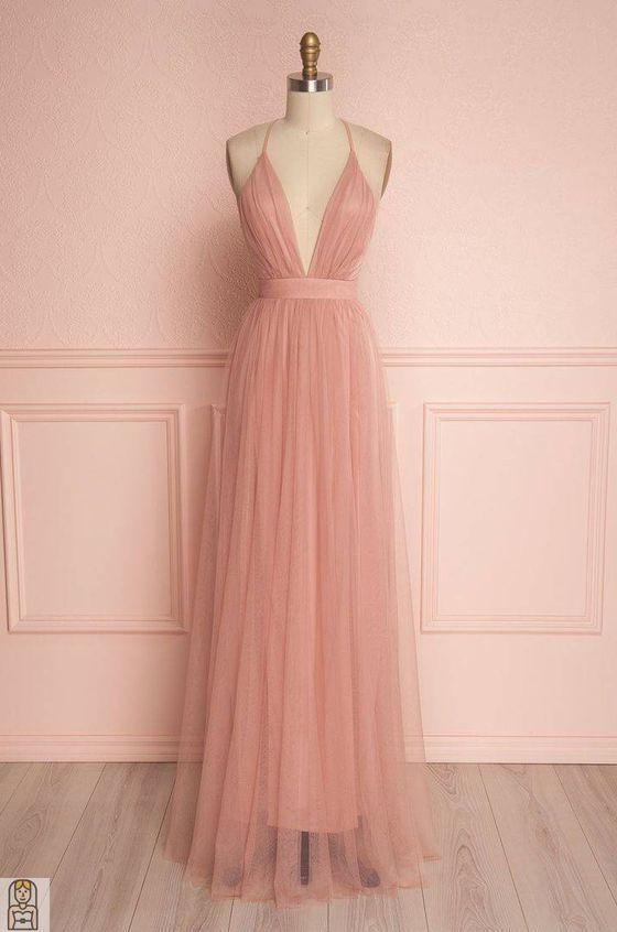 Wedding Dress Styles, Deep V Neck Prom Dress, Blush Pink Floor Length Tulle Wedding Party Dress, Spaghetti Straps