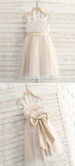 Prom Dress Champagne, A Line Spaghetti Straps Light Champagne Flower Girl Dress With Lace