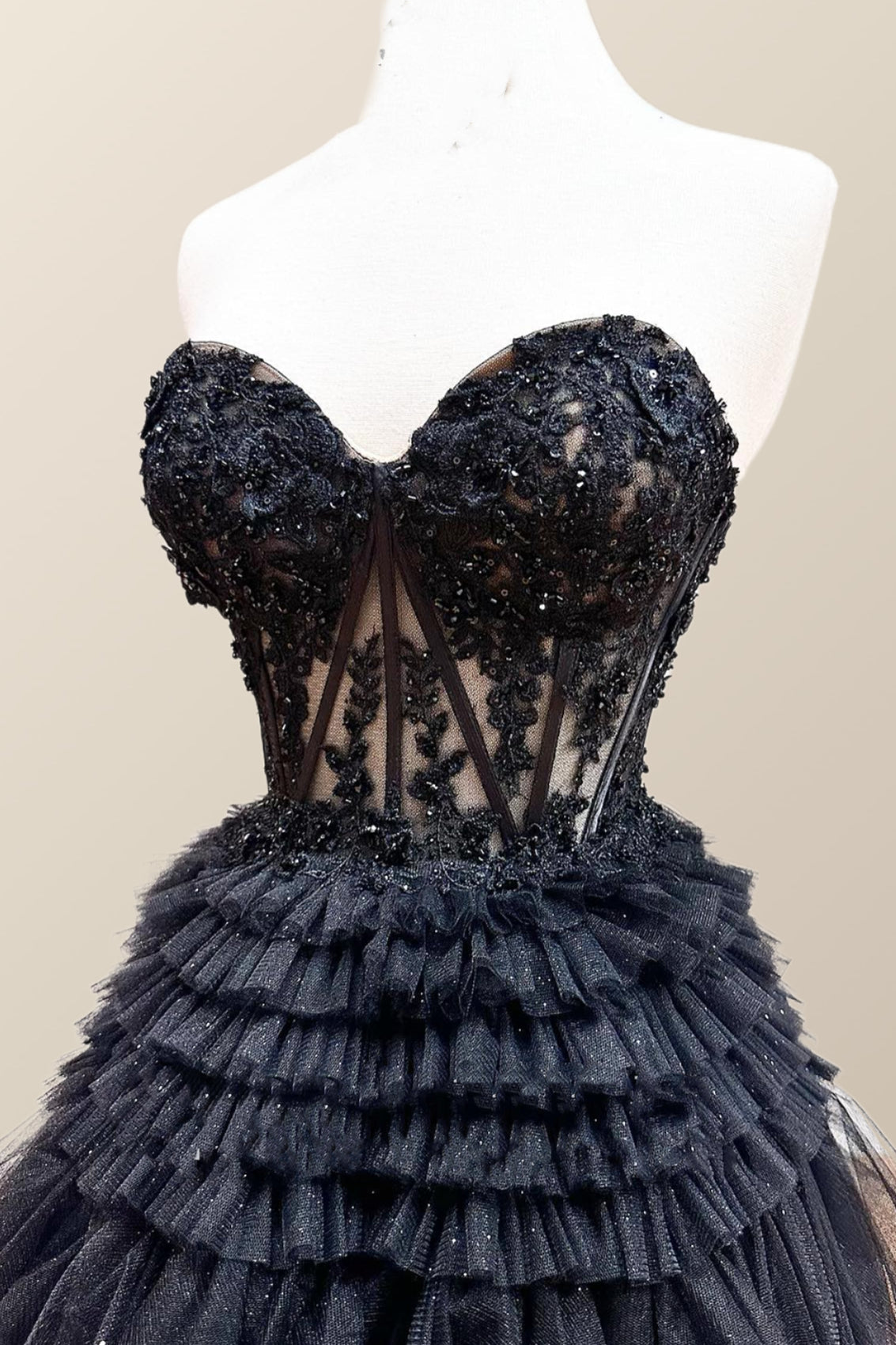Prom Dress Long Sleeve, Sweetheart Black Lace Appliques Tiered Long Formal Dress