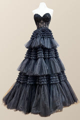 Prom Dresses Shiny, Sweetheart Black Lace Appliques Tiered Long Formal Dress