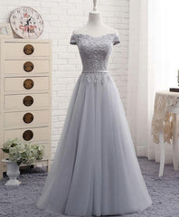 Evening Dresses Dresses, Gray A Line Lace Off Shoulder Prom Dress, Lace Evening Dresses